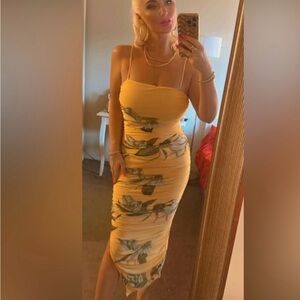 Spaghetti Strap Yellow Floral Bodycon Dress